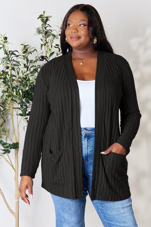   Ribbed Open Front Cardigan with Pockets Bazaarbey