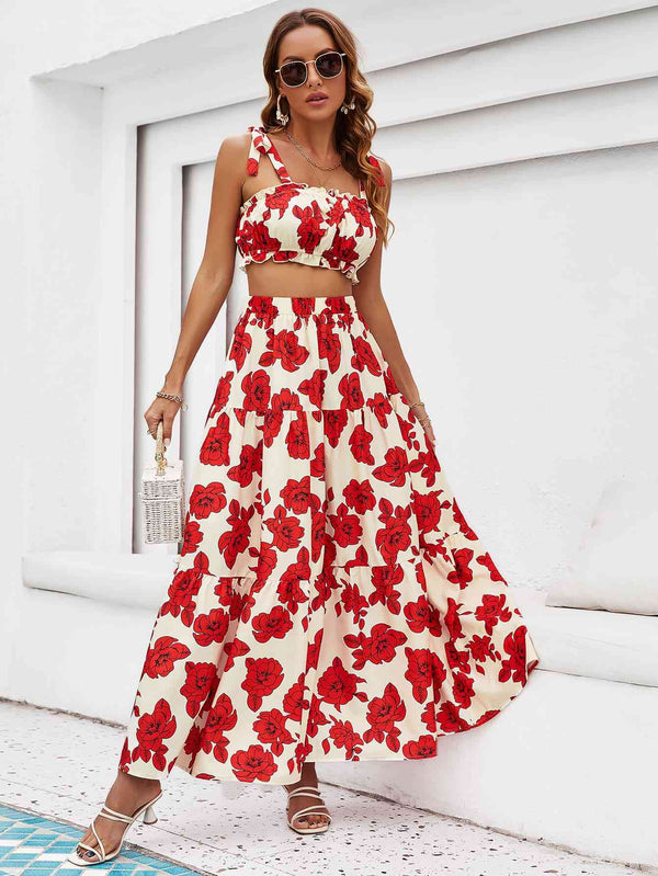 Floral Tie Shoulder Top and Tiered Maxi Skirt Set Bazaarbey