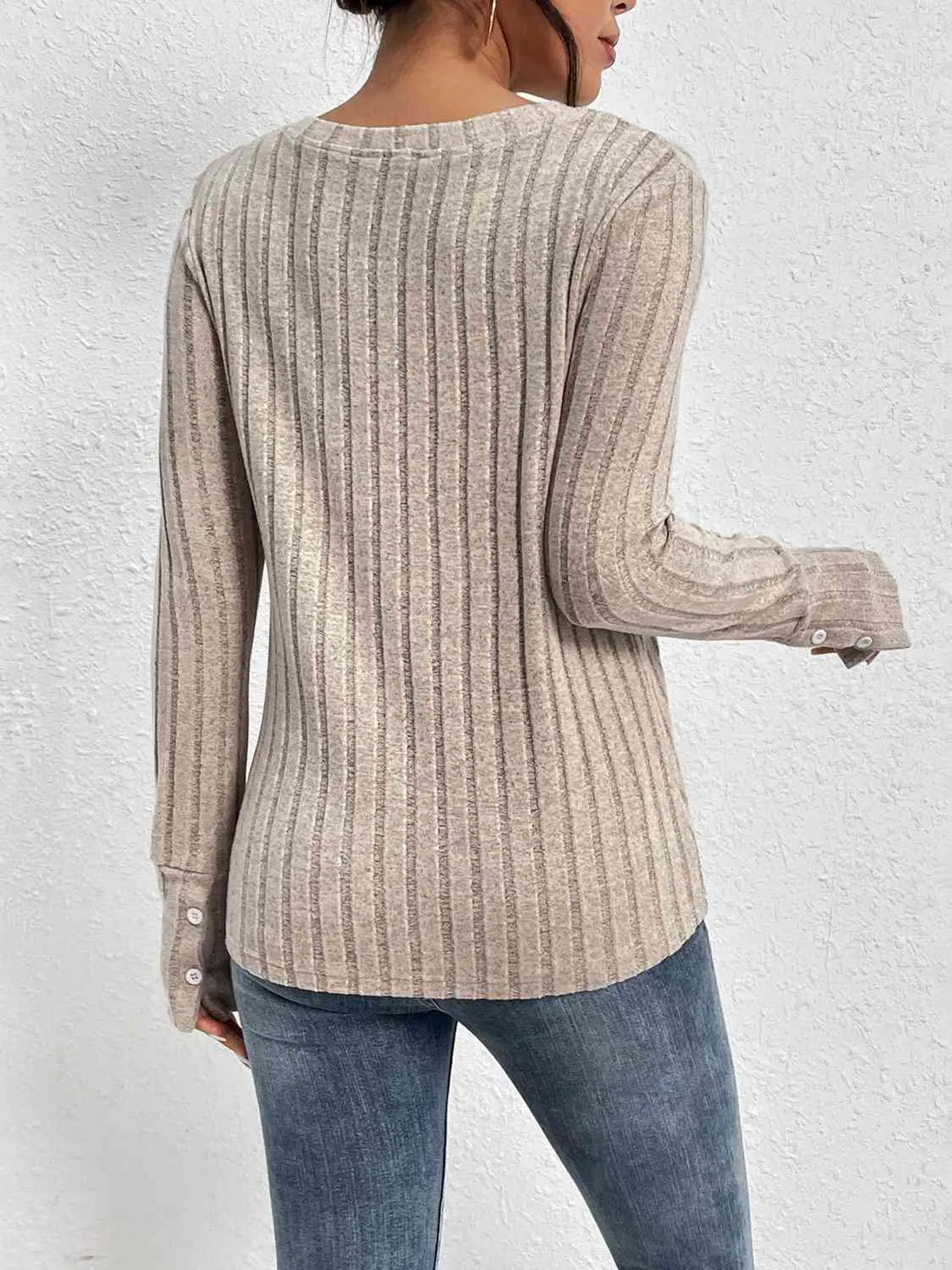 Lace Detail Ribbed V-Neck Long Sleeve Top Bazaarbey