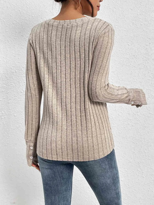  Detail Ribbed V-Neck Long Sleeve Top Bazaarbey