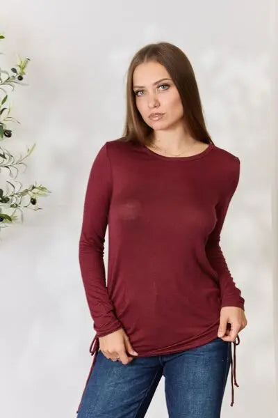  Full Size Drawstring Round Neck Long Sleeve Top Trendsi