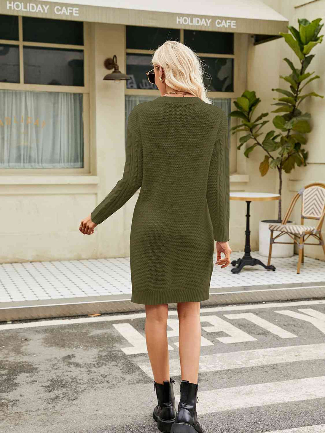 Notched Neck Cable-Knit Slit Sweater Dress Bazaarbey