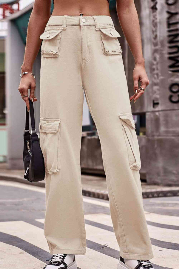 Buttoned Knee Pockets Loose Fit Jeans Bazaarbey