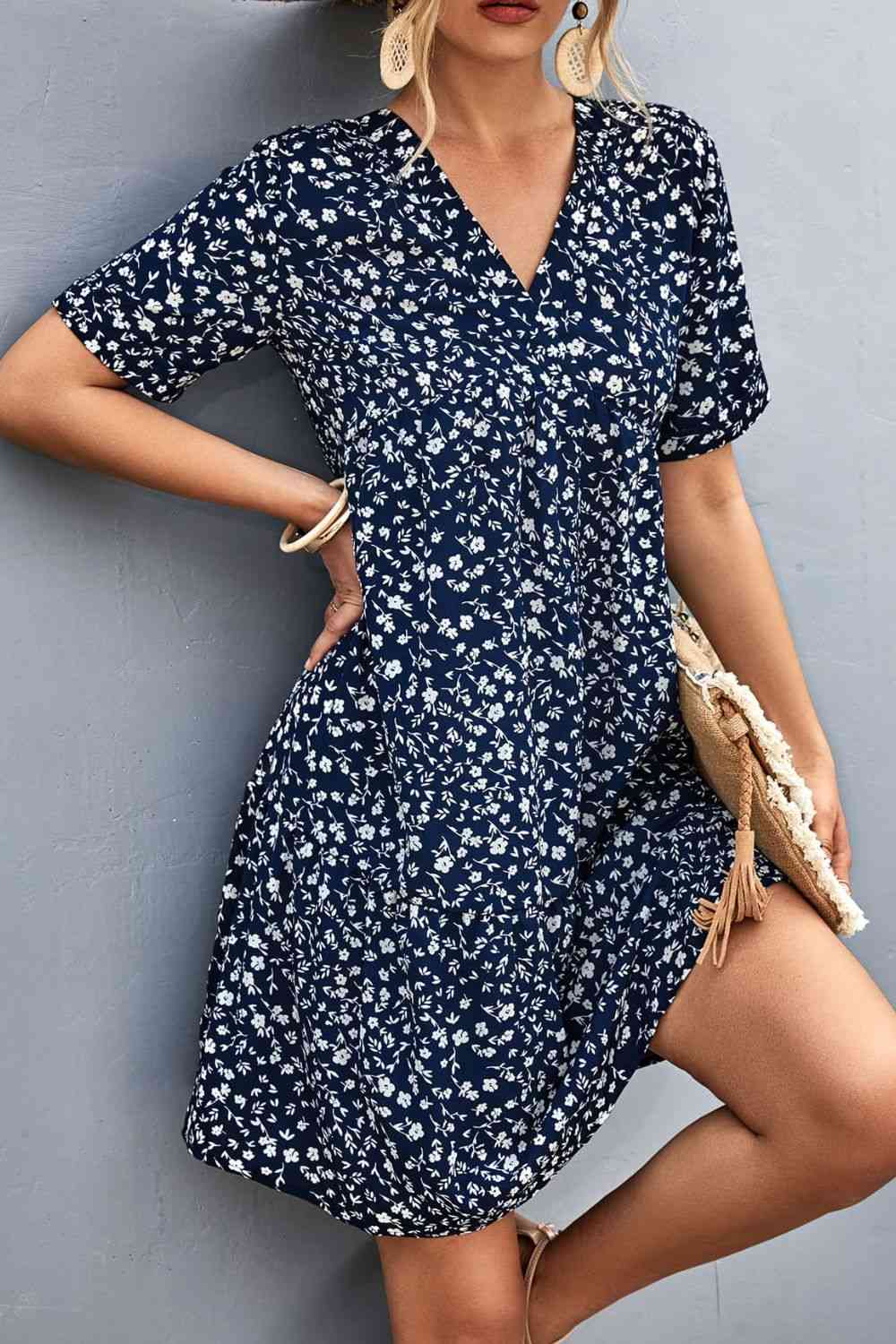  Floral Empire Waist Plunge Short Sleeve Dress -BazaarBey - www.shopbazaarbey.com