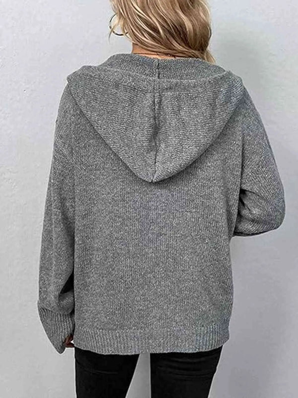 Button Up Drawstring Long Sleeve Hooded Cardigan Bazaarbey