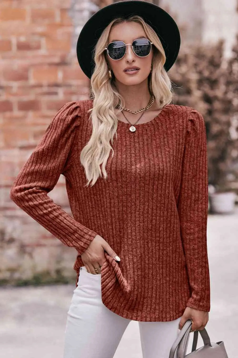  Round Neck Puff Sleeve Ribbed Top Trendsi