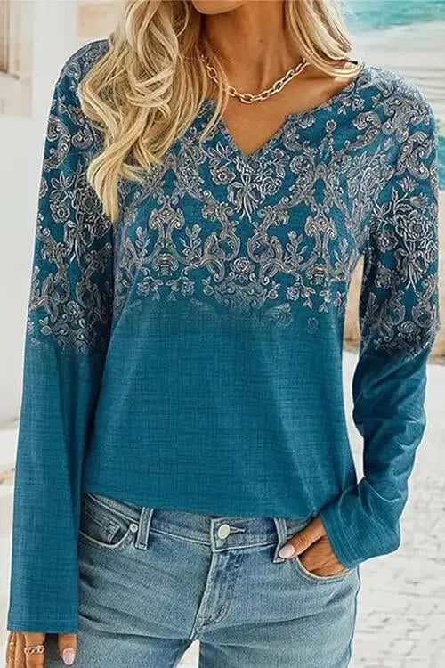 Printed Notched Long Sleeve T-Shirt Trendsi