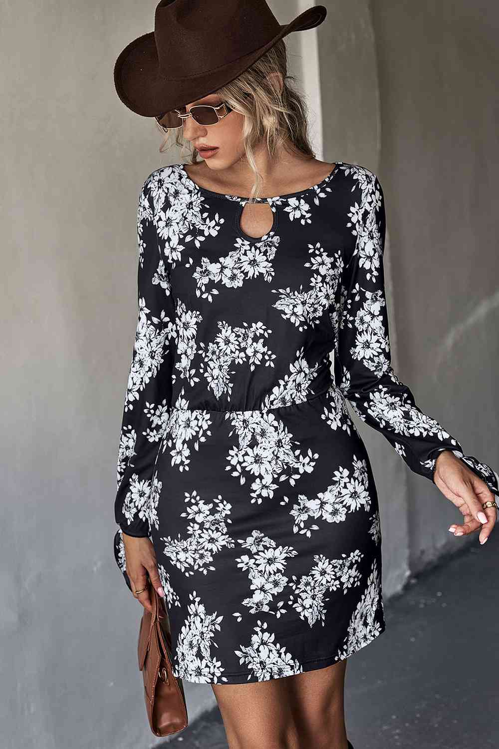 Floral Cutout Tie Cuff Mini Dress -BazaarBey - www.shopbazaarbey.com