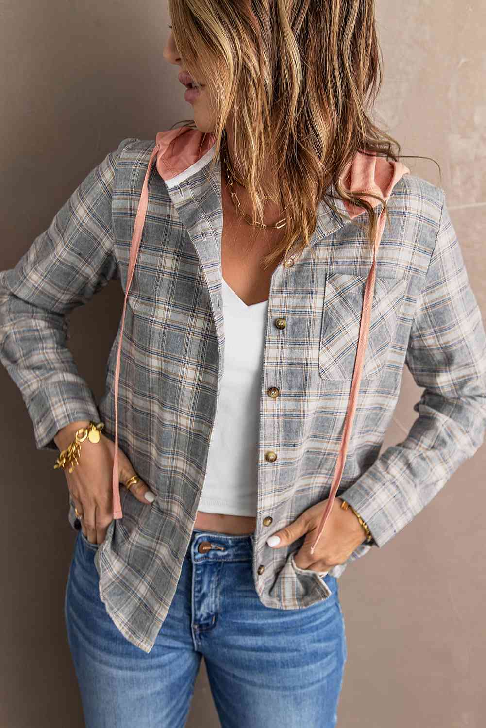 Plaid Drawstring Hooded Shirt Jacket Trendsi