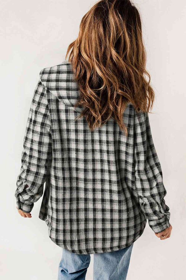 Plaid Snap Down Hooded Jacket Trendsi