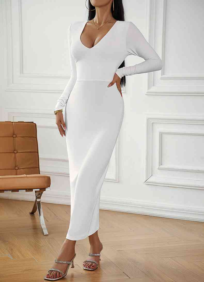 V-Neck Tie Back Long Sleeve Dress -BazaarBey - www.shopbazaarbey.com