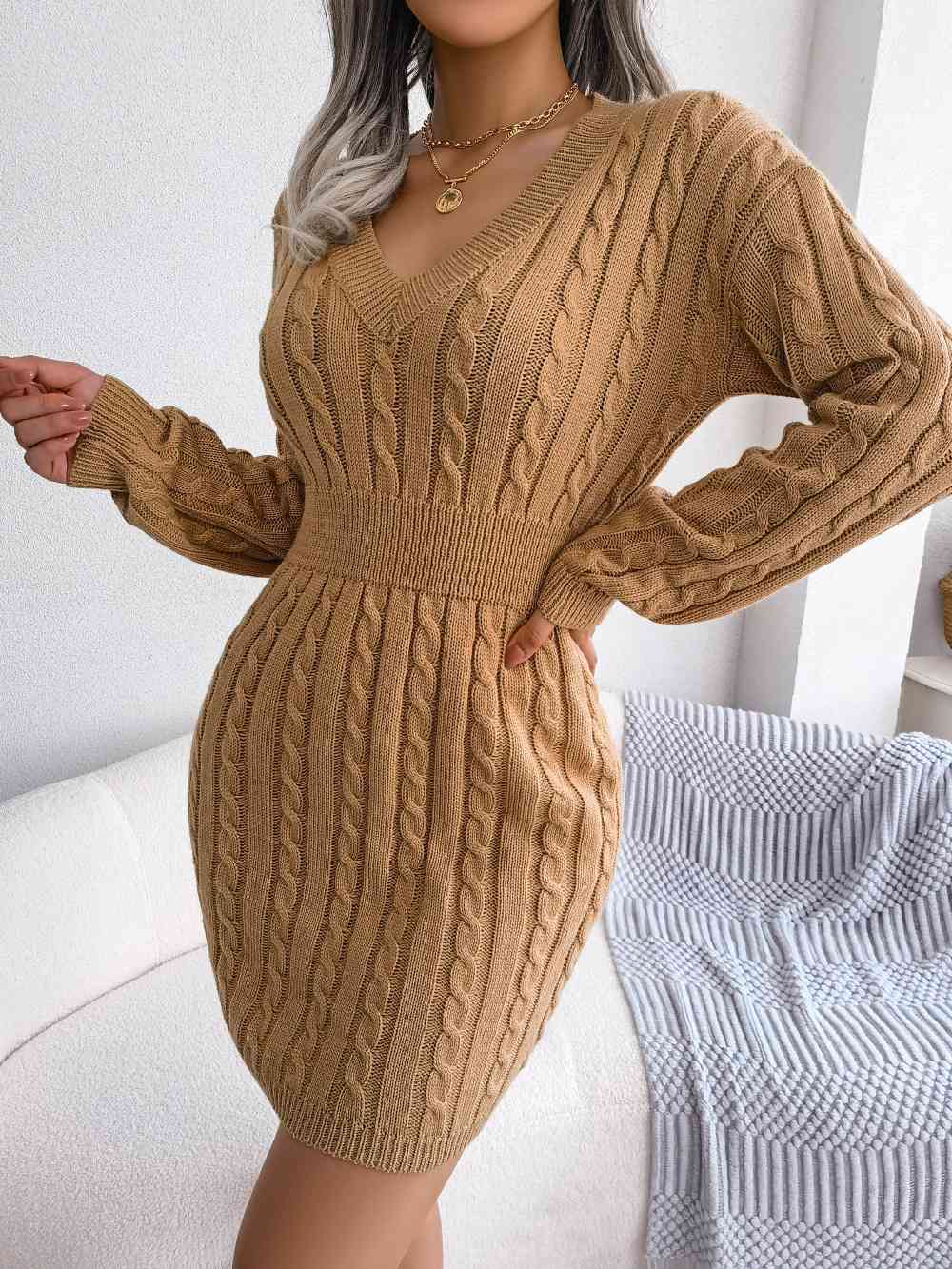 Cable-Knit V-Neck Mini Sweater Dress Bazaarbey