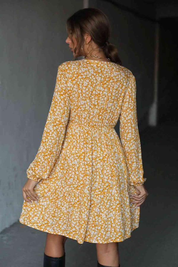 Floral Tie Neck Buttoned Balloon Sleeve Dress -BazaarBey - www.shopbazaarbey.com