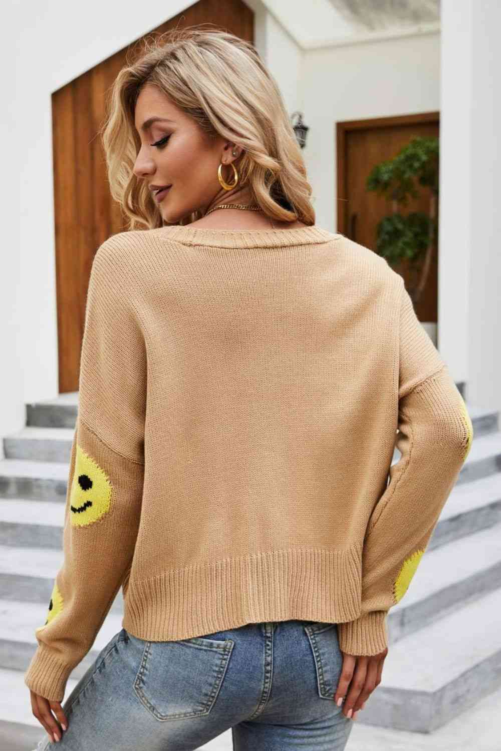 Smiley Face Ribbed Trim V-Neck Cardigan Trendsi