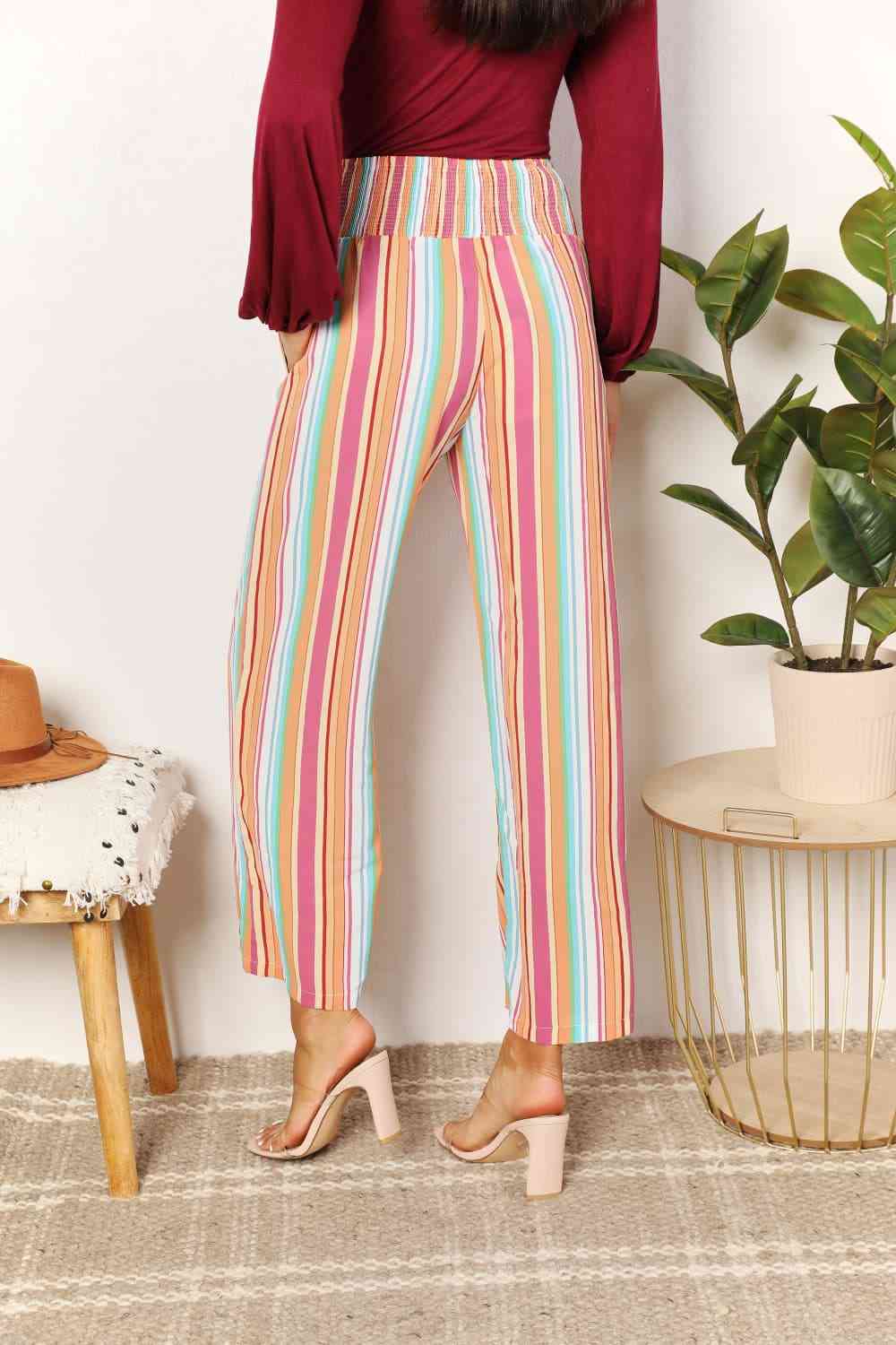  Striped Smocked Waist Pants with Pockets Bazaarbey