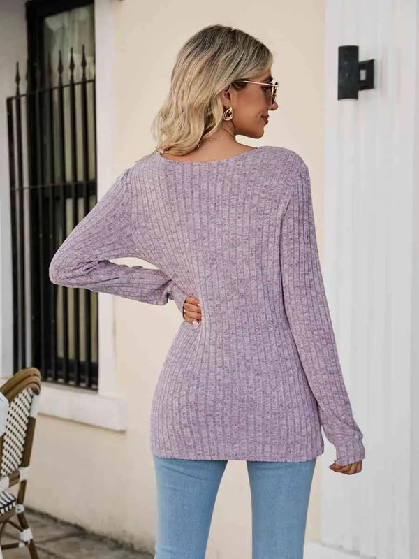 Square Neck Ribbed Long Sleeve T-Shirt Trendsi