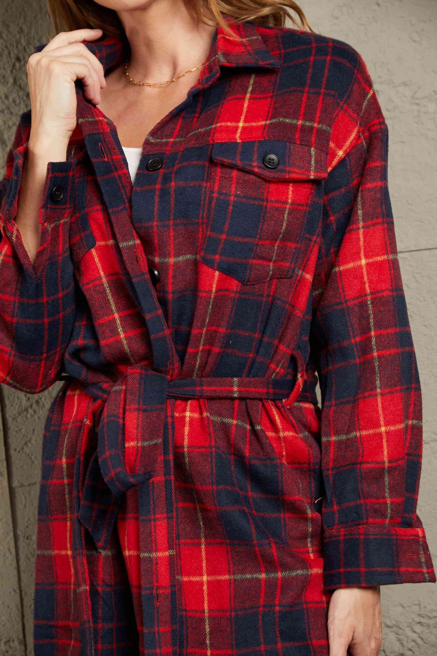  Plaid Belted Button Down  Shirt Jacket Trendsi