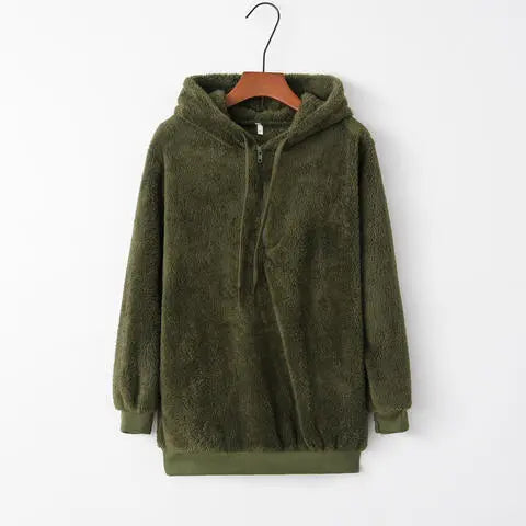 Quarter-Zip Drawstring Teddy Hoodie Bazaarbey