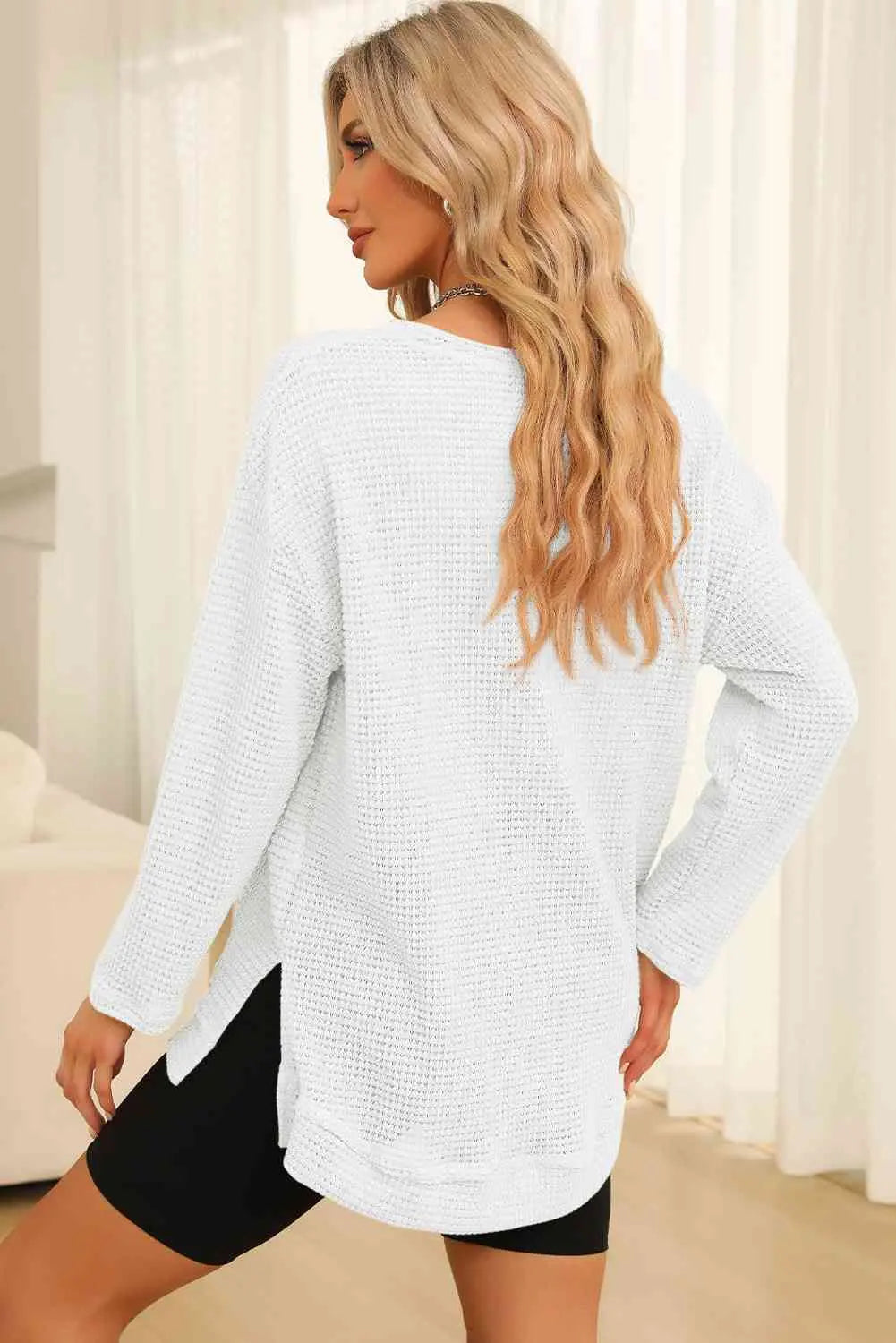 Waffle-Knit Round Neck Long Sleeve Sweatshirt Trendsi