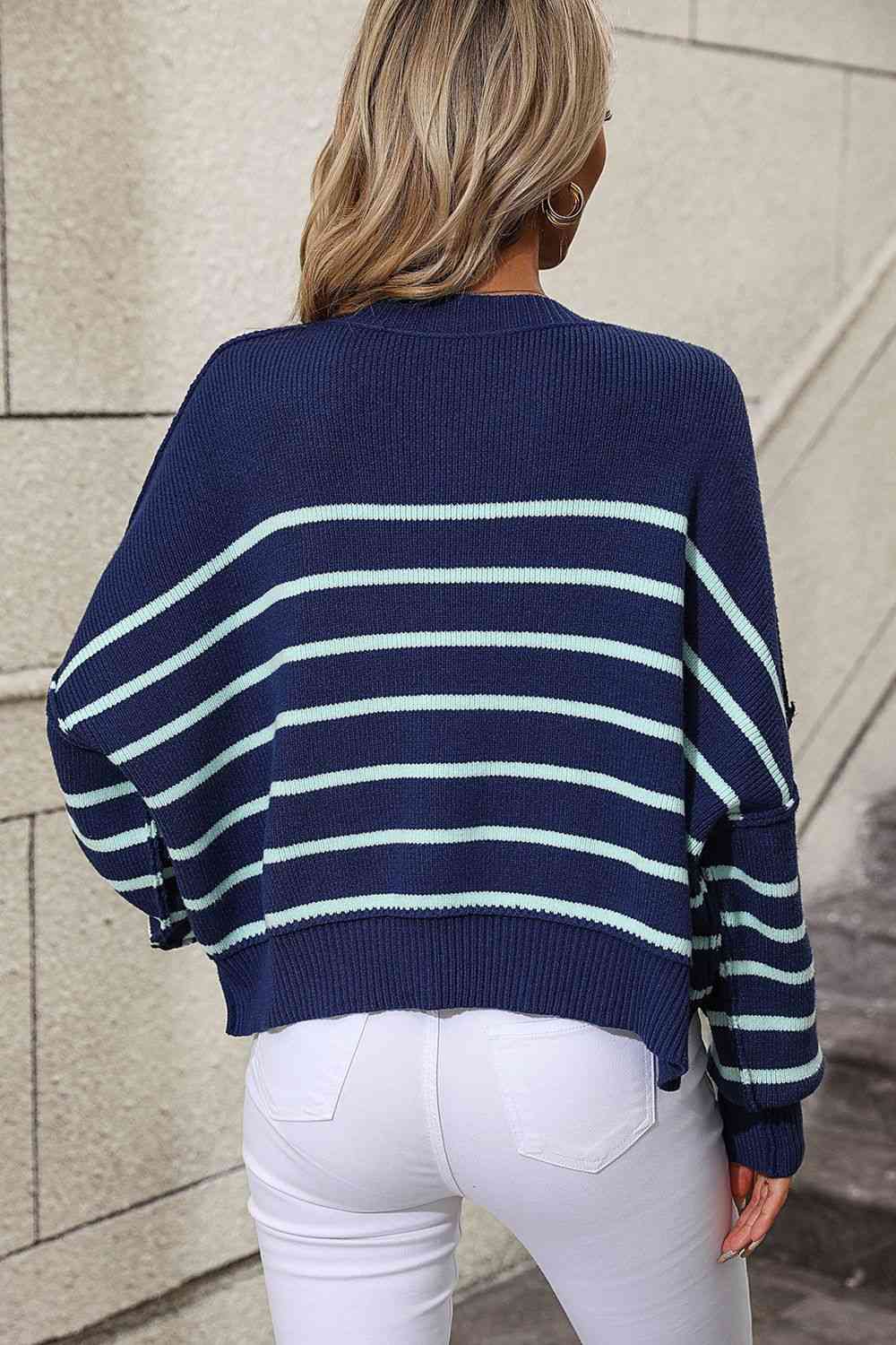 Striped Dropped Shoulder Round Neck Pullover Sweater Bazaarbey