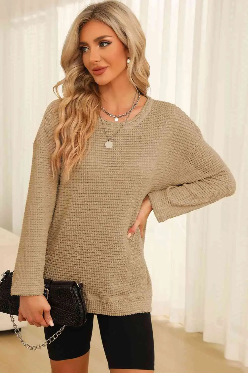 Waffle-Knit Round Neck Long Sleeve Sweatshirt Trendsi