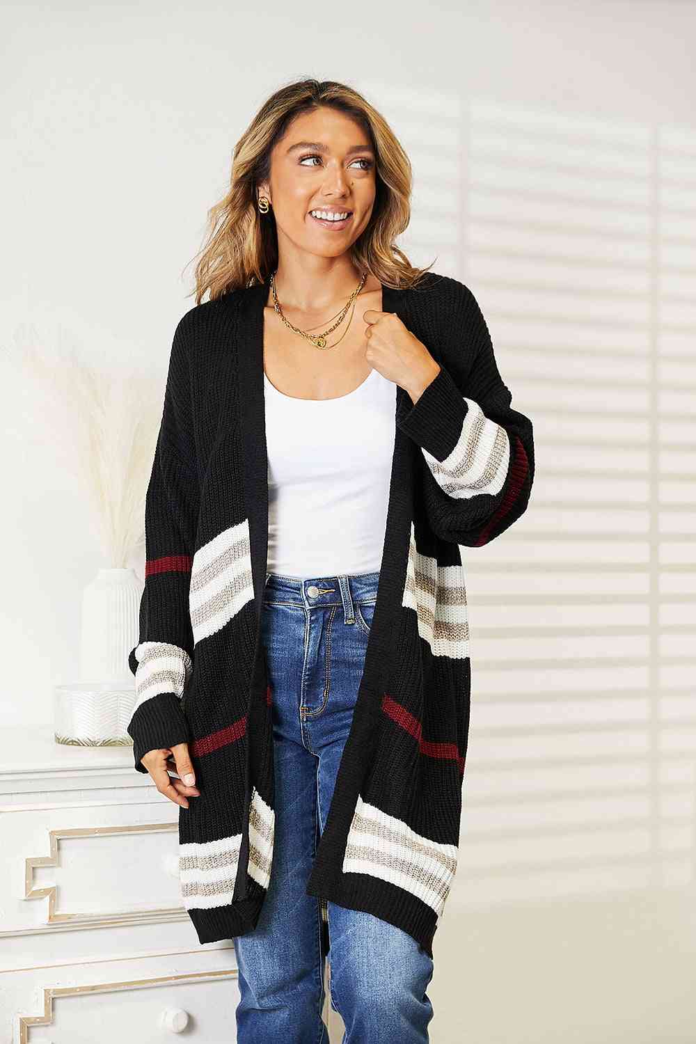 BazaarBey  Striped Rib-Knit Drop Shoulder Open Front Cardigan Bazaarbey