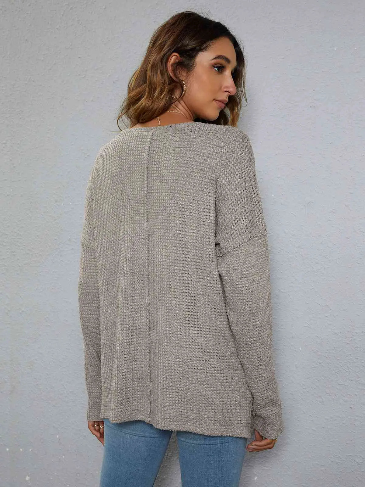 Dropped Shoulder High-Low Waffle-Knit Top Bazaarbey