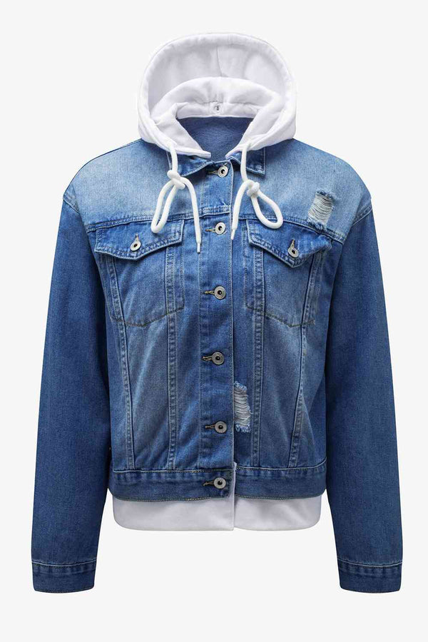 Distressed Hooded Denim Jacket Bazaarbey