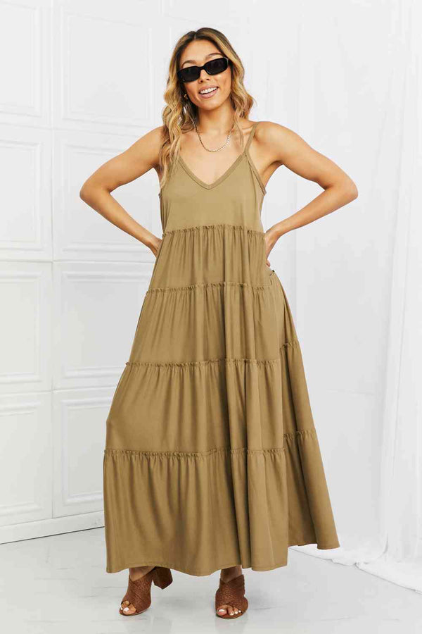 Zenana Full Size Spaghetti Strap Tiered Dress with Pockets in Khaki -BazaarBey - www.shopbazaarbey.com