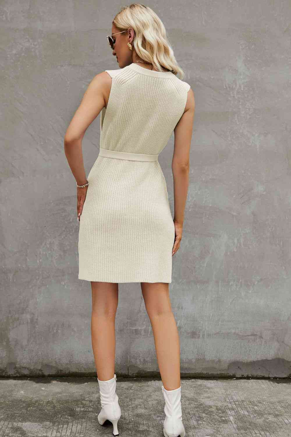 Round Neck Slit Sleeveless Sweater Dress Bazaarbey