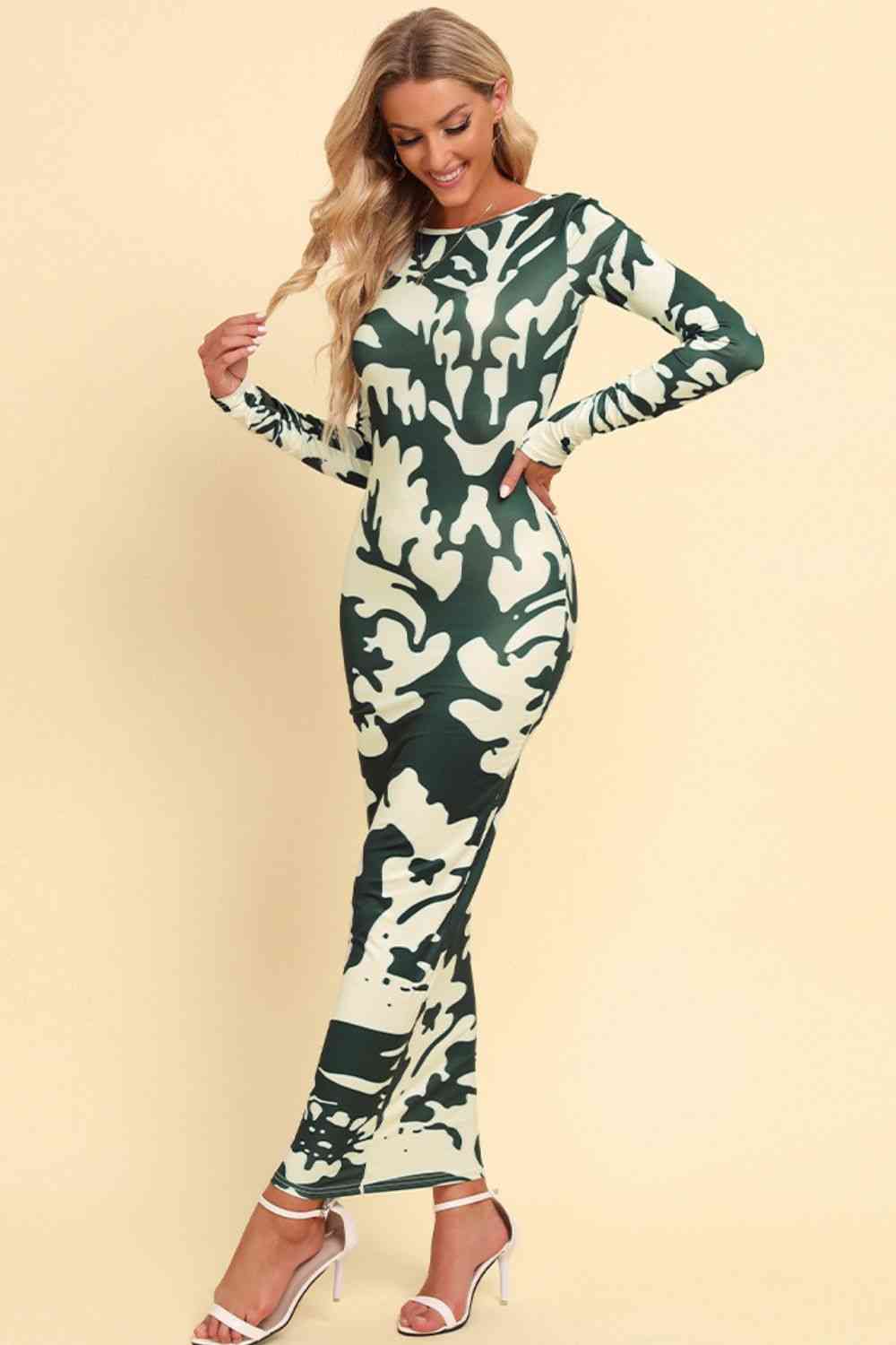 Printed Backless Long Sleeve Maxi Dress Bazaarbey