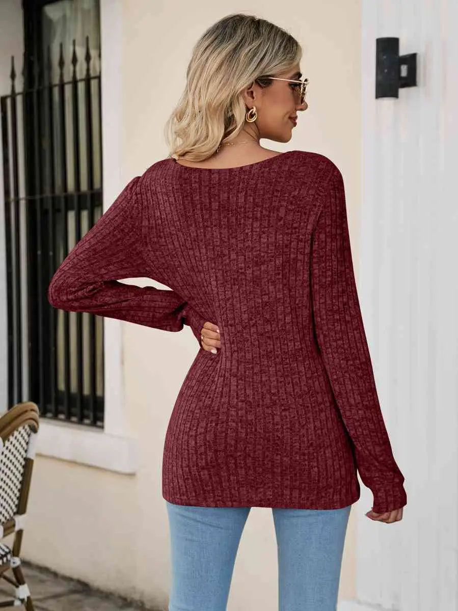 Square Neck Ribbed Long Sleeve T-Shirt Trendsi