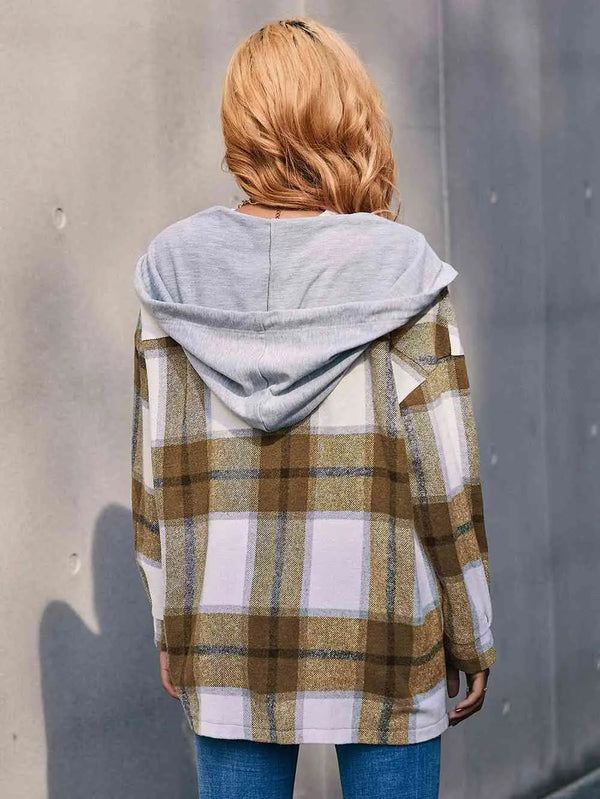 Plaid Dropped Shoulder Hooded Jacket Bazaarbey