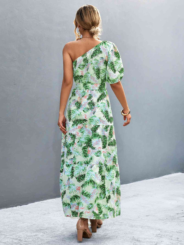 Printed Tie Waist One Shoulder Maxi Dress Bazaarbey