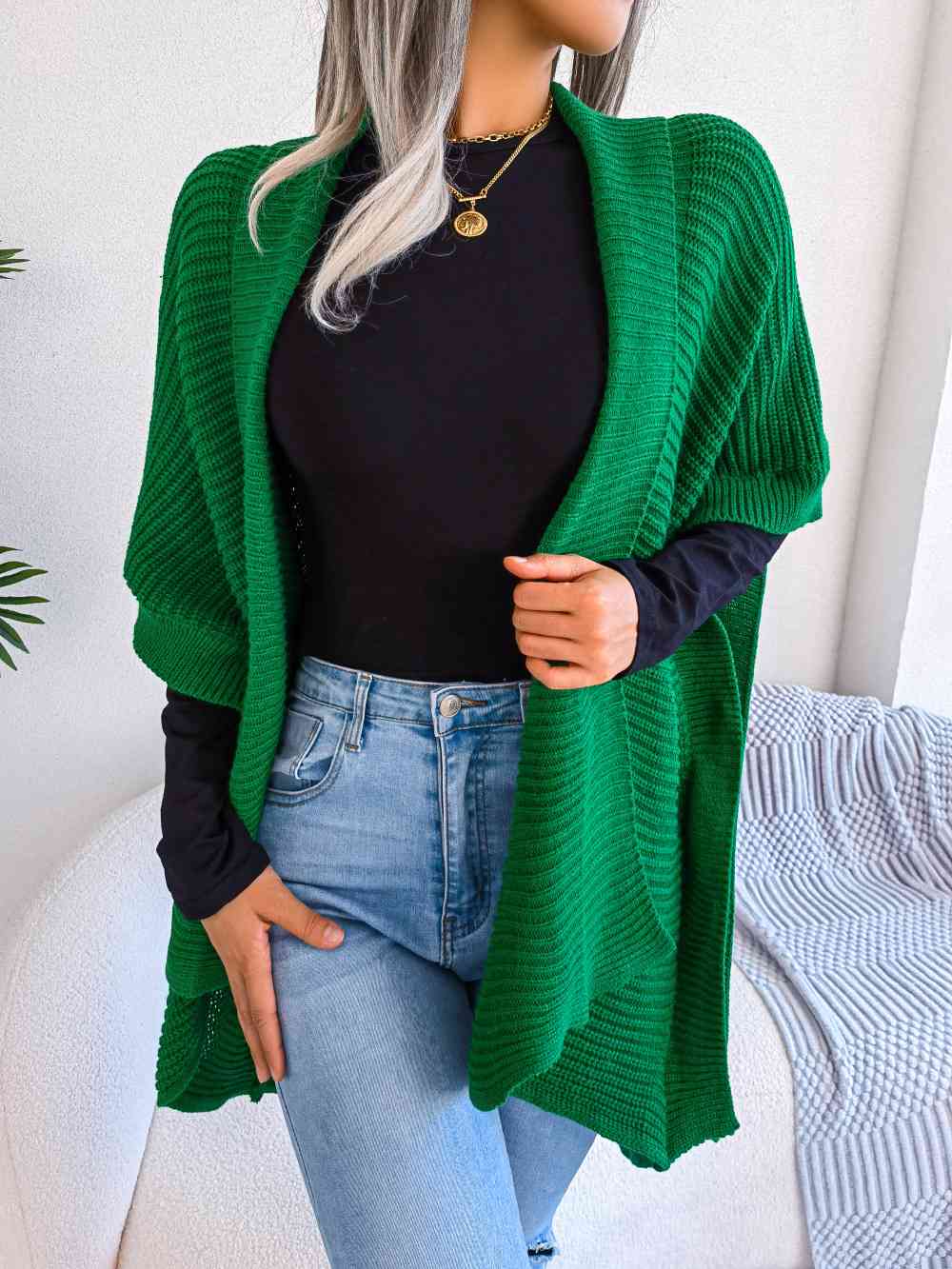 Horizontal Ribbing Open Front Slit Cardigan Trendsi