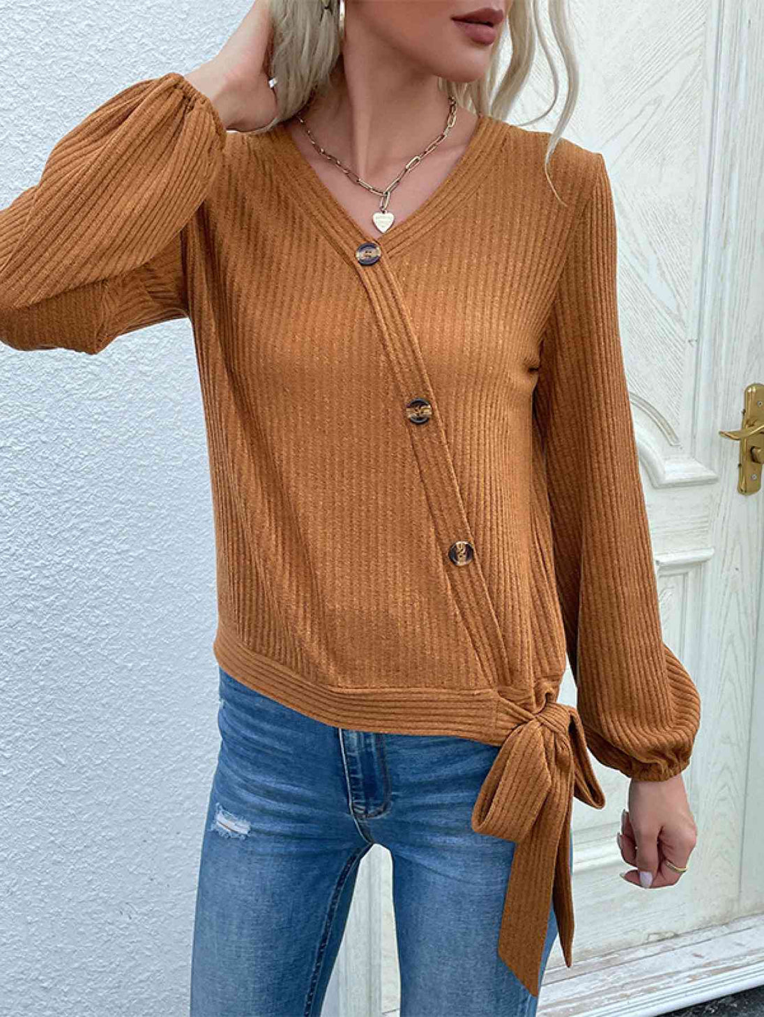 Rib-Knit Asymmetrical Button Blouse Trendsi