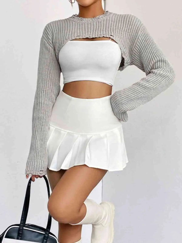 Distressed Long Sleeve Cropped Sweater Trendsi