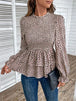 Printed Round Neck Smocked Flounce Sleeve T-Shirt Bazaarbey