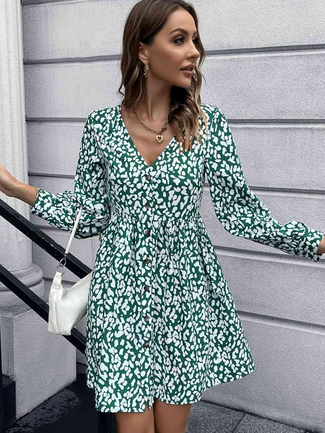 Animal Print Buttoned V-Neck Long Sleeve Dress -BazaarBey - www.shopbazaarbey.com