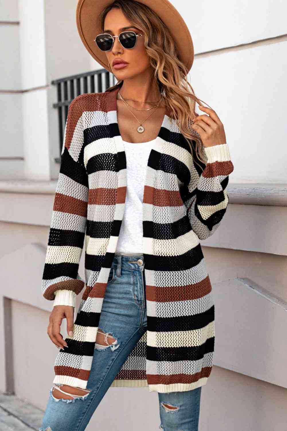  Striped Long Sleeve  Cardigan Bazaarbey