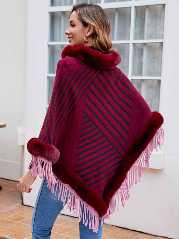 Striped Fringe Hem Poncho Bazaarbey