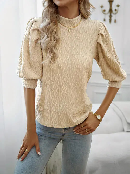 Texture Ruff Sleeve Mock Neck Blouse Trendsi