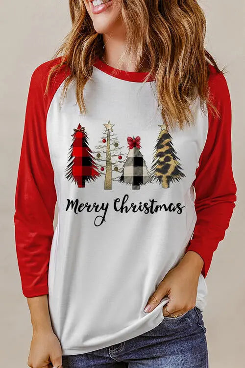 BazaarBey Christmas Tree Graphic Round Neck Long Sleeve T-Shirt Trendsi