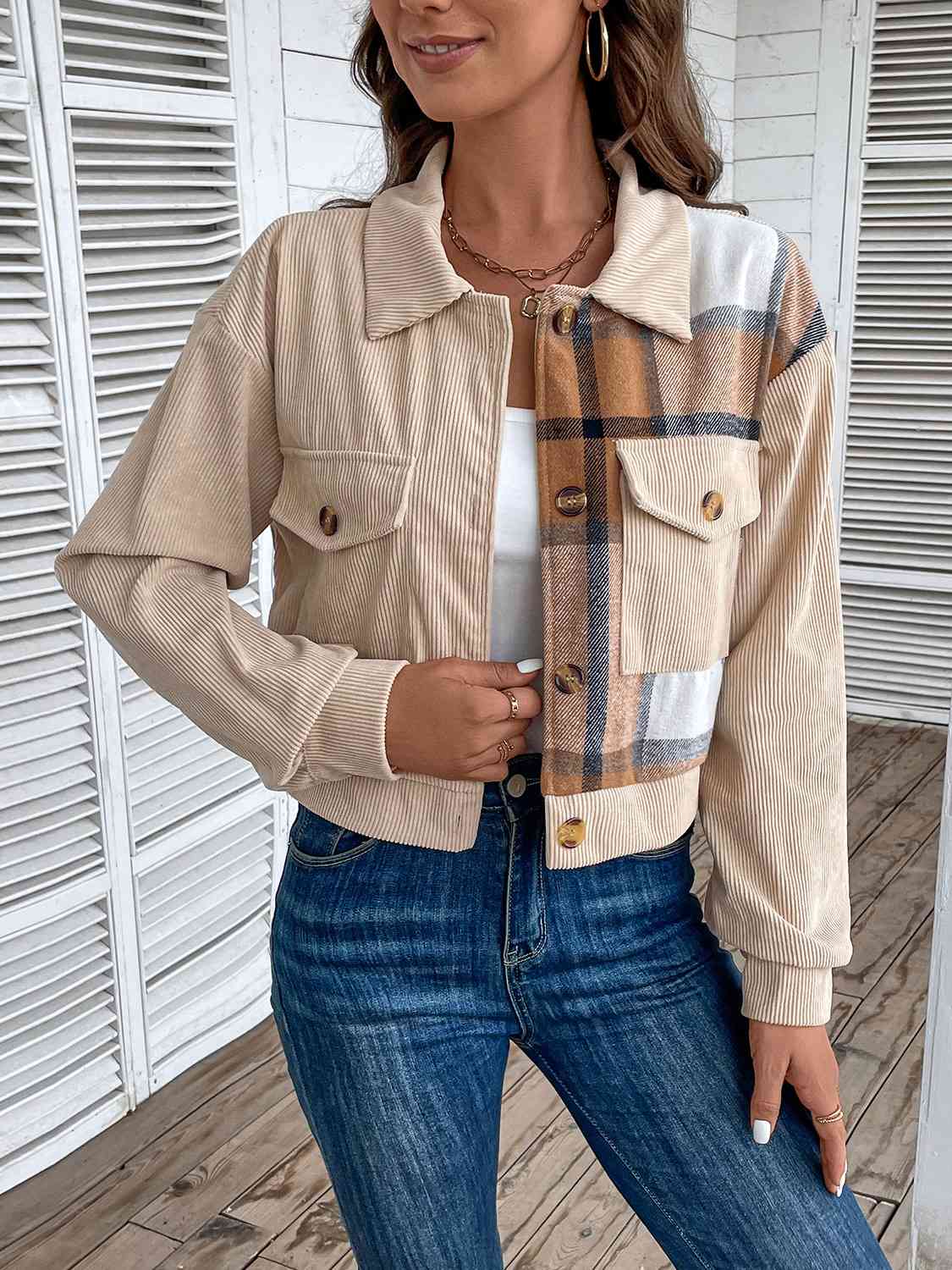  Collared Neck Button-Up Jacket Trendsi