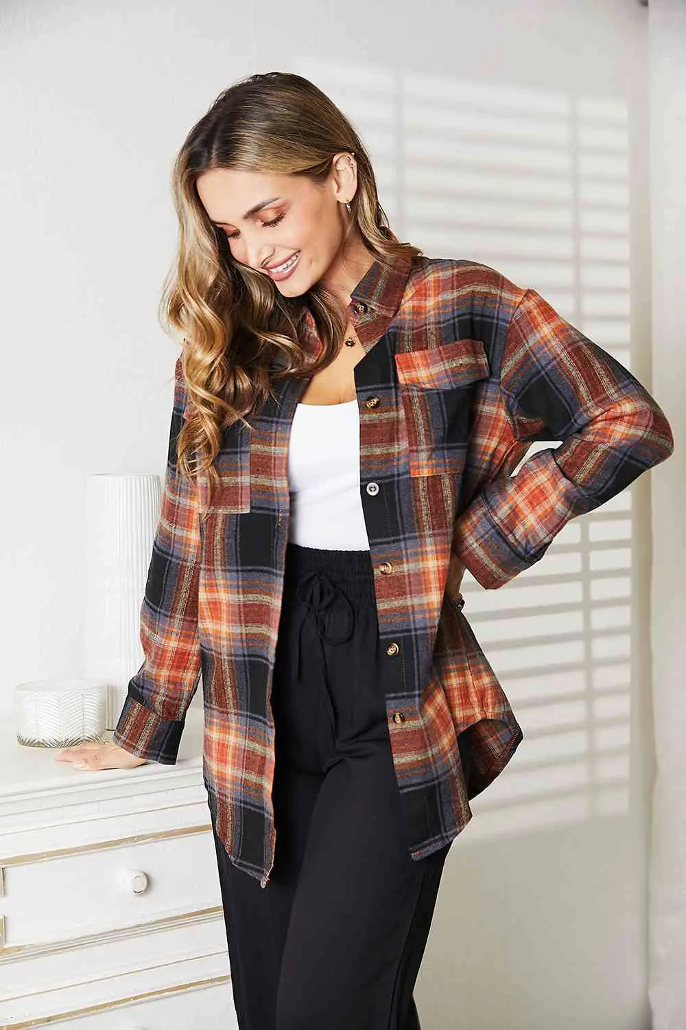  Plaid Dropped Shoulder Shirt Trendsi