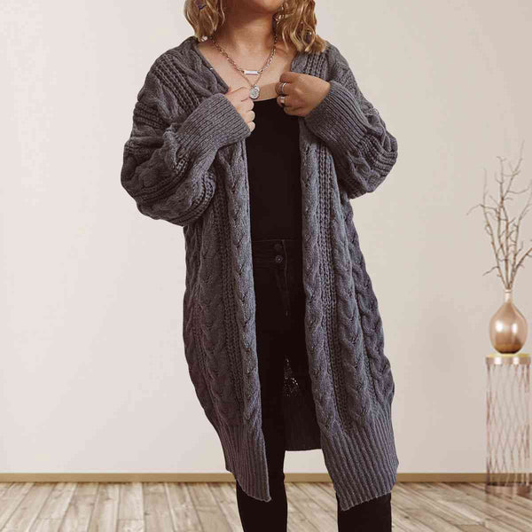 BazaarBey Cable-Knit Open Front Dropped Shoulder Cardigan Trendsi