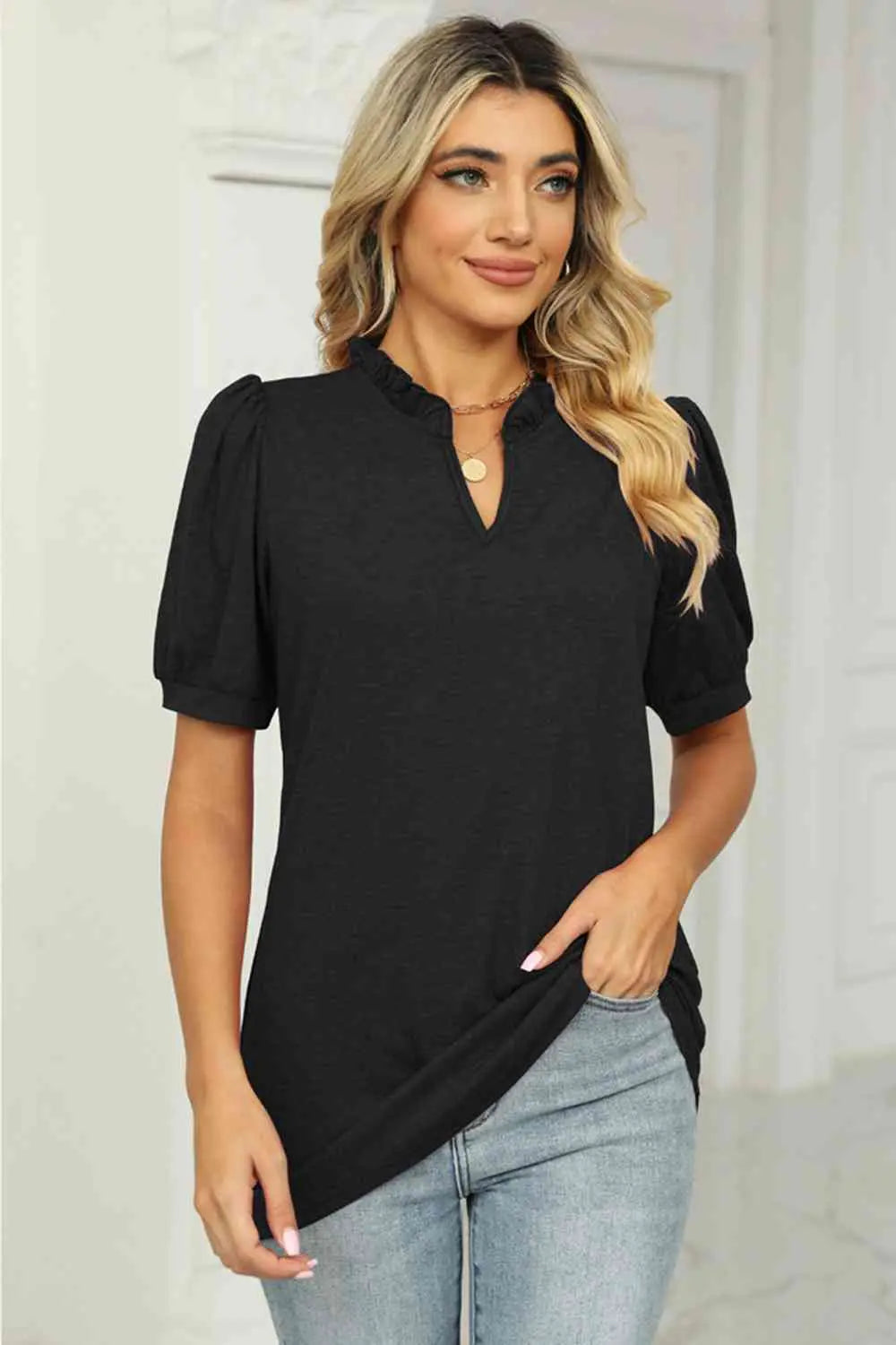 Notched Neck Puff Sleeve T-Shirt Bazaarbey