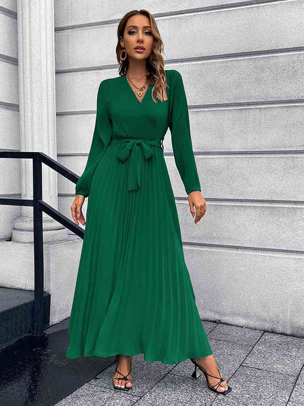 V-Neck Tie Waist Pleated Maxi Dress Bazaarbey