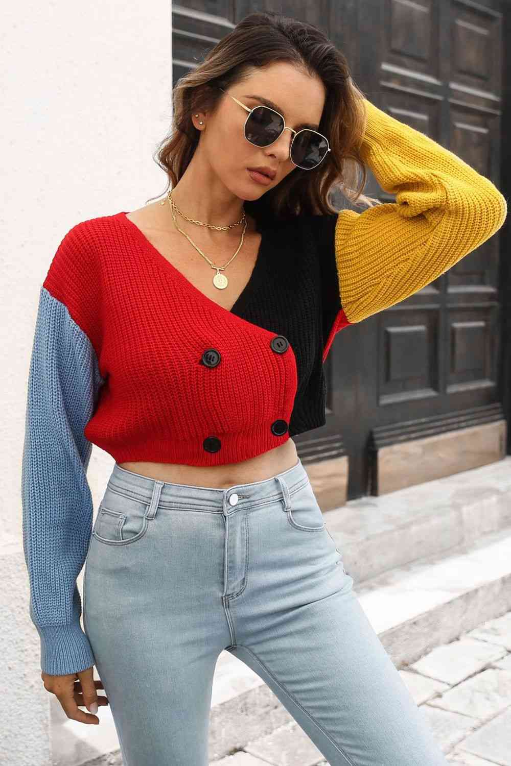 Cropped Contrast Color V- Neck Buttoned Cardigan Trendsi