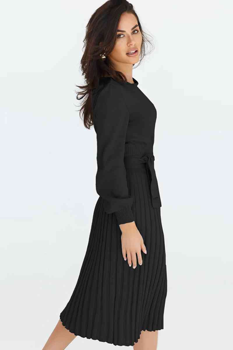 Round Neck Long Sleeve Pleated Sweater Dress Bazaarbey